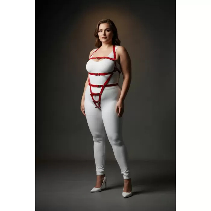 Büyük Beden Kırmızı Kadın Harness Takım Ayarlanabilir Kemerli Deri Fantezi Aksesuarı - APFT790