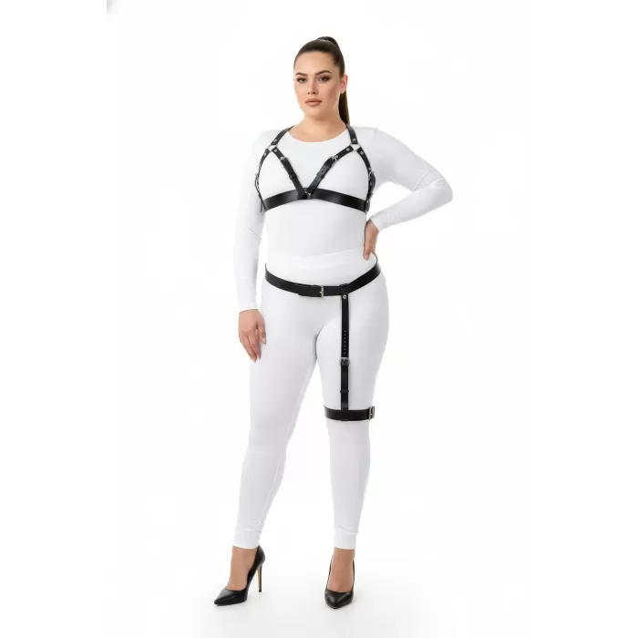 Büyük Beden Siyah Kadın Harness Takım Jartiyer Kemerli Şık Deri Aksesuar - APFT863
