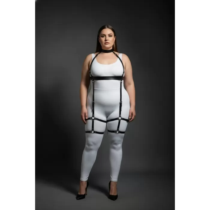 Büyük Beden Siyah Kadın Deri Full Body Harness Takım Şık Vücut Aksesuarı - APFT864