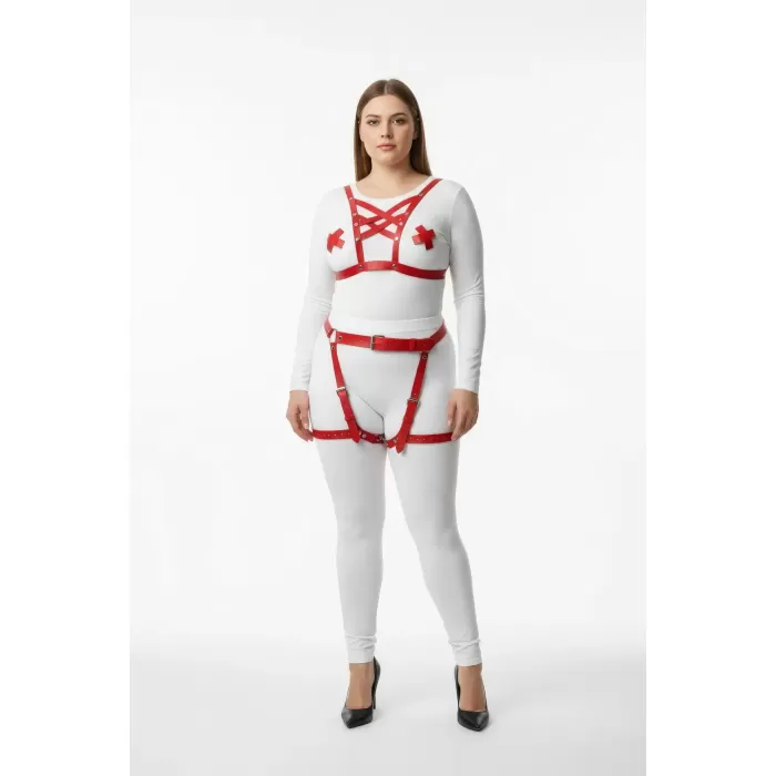 Büyük Beden Kırmızı Kadın Harness Takım Seksi Deri Jartiyerli - APFT866