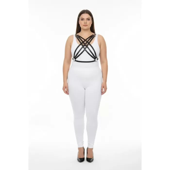 Büyük Beden Siyah Kadın Deri Görünümlü Harness Takım Ayarlanabilir Vücut Aksesuarı - APFT867