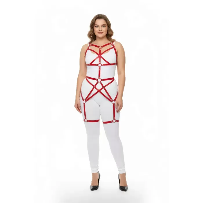 Büyük Beden Kırmızı Kadın Harness Takım Full Body Deri Fantezi Aksesuar - APFT894