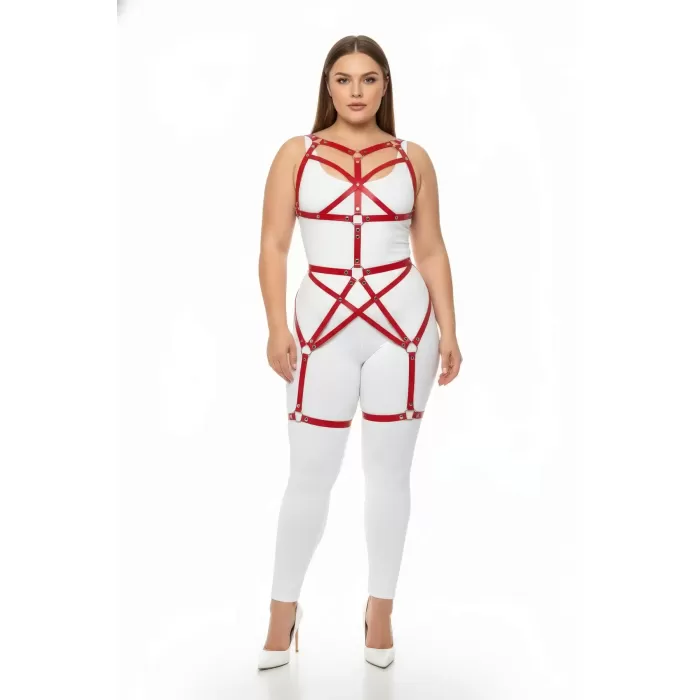 Büyük Beden Kırmızı Kadın Harness Takım Full Body Deri Fantezi Aksesuar - APFT894