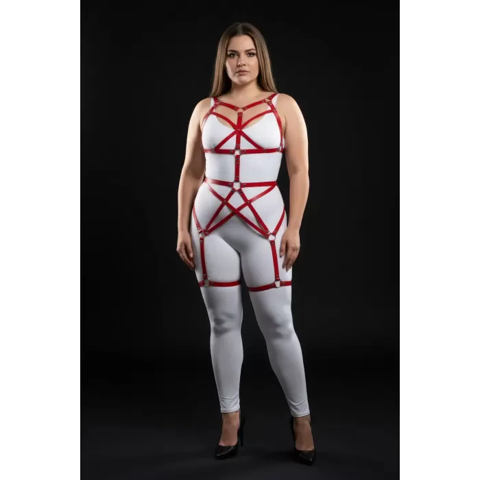 Büyük Beden Kırmızı Kadın Harness Takım Full Body Deri Fantezi Aksesuar - APFT894