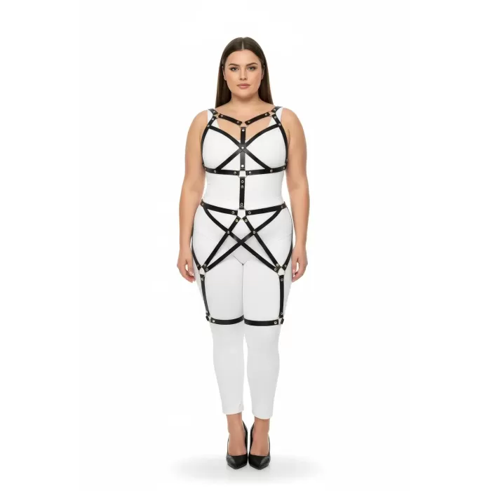 Büyük Beden Siyah Kadın Full Body Deri Harness Takım Metal Detaylı Vücut Aksesuarı - APFT894