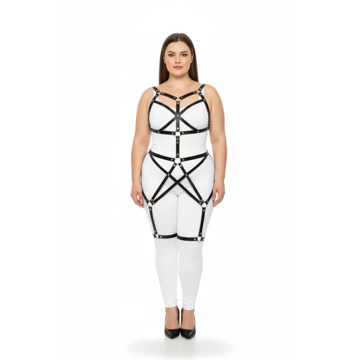 Büyük Beden Siyah Kadın Full Body Deri Harness Takım Metal Detaylı Vücut Aksesuarı - APFT894
