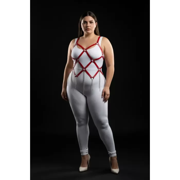 Büyük Beden Kırmızı Kadın Deri Harness Takım Zincir Detaylı Fantazi Aksesuar - APFT950