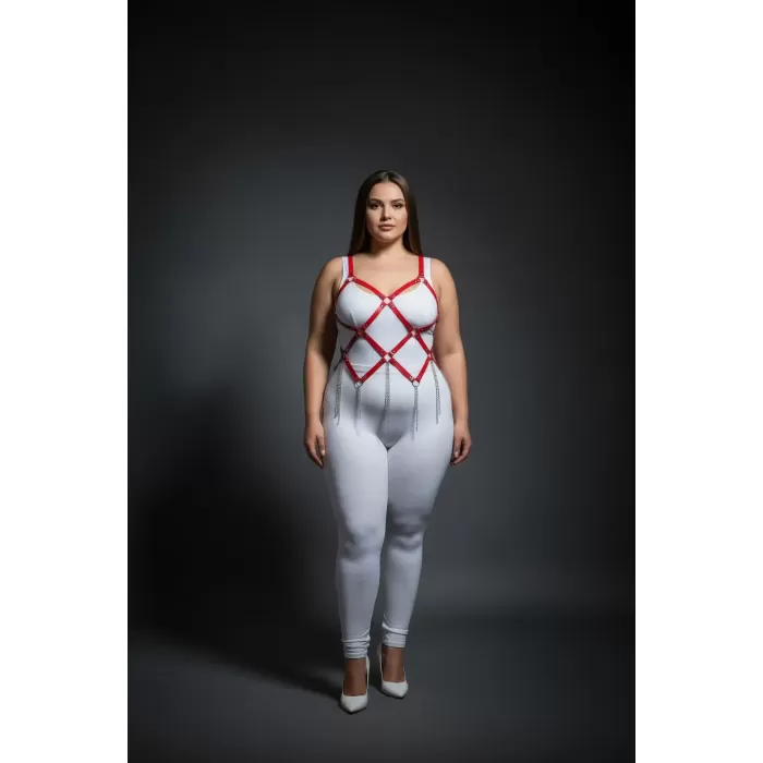 Büyük Beden Kırmızı Kadın Deri Harness Takım Zincir Detaylı Fantazi Aksesuar - APFT950