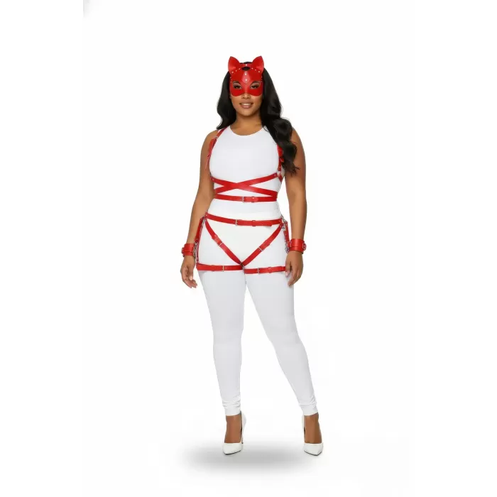 Büyük Beden Kırmızı Kadın Deri Harness Takım Vücut Çapraz Bağlama Fantezi Aksesuarı - APFT1036