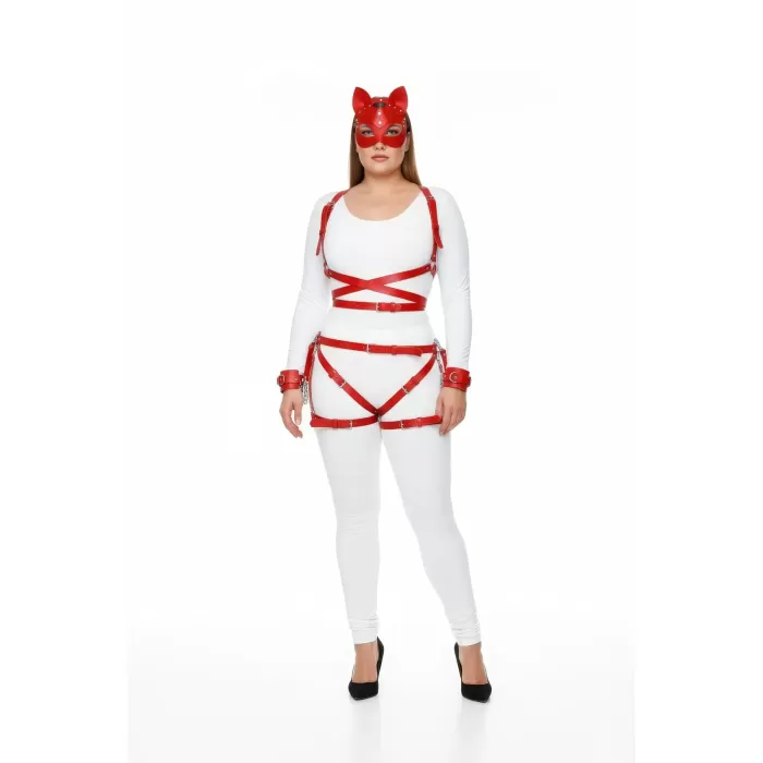 Büyük Beden Kırmızı Kadın Deri Harness Takım Vücut Çapraz Bağlama Fantezi Aksesuarı - APFT1036