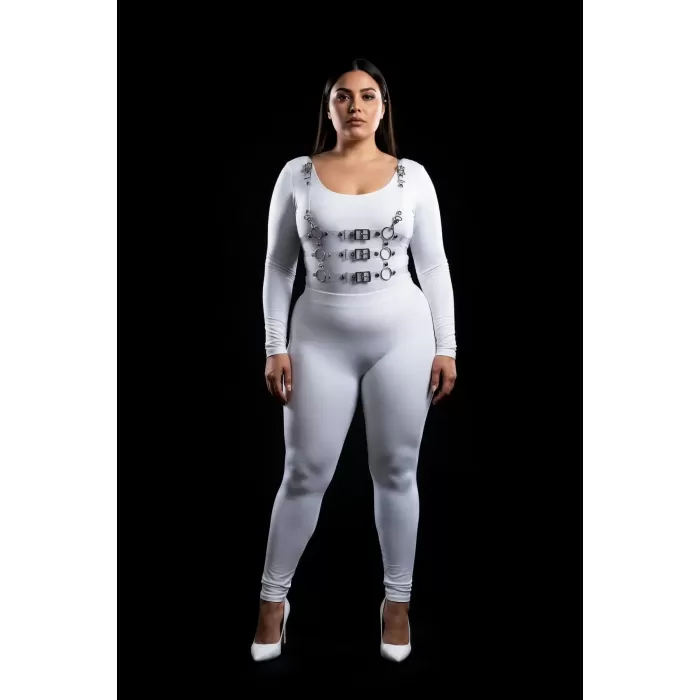 Büyük Beden Beyaz Kadın Harness Takım Deri Görünümlü Toka Detaylı - APFT1058