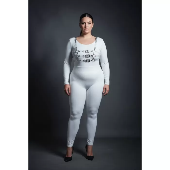 Büyük Beden Beyaz Kadın Harness Takım Deri Görünümlü Toka Detaylı - APFT1058