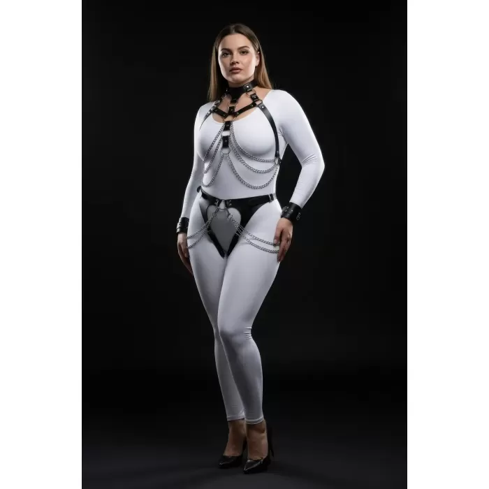 Büyük Beden Siyah Kadın Harness Takım Zincir Detaylı Deri Fantezi Aksesuarı - APFT1067
