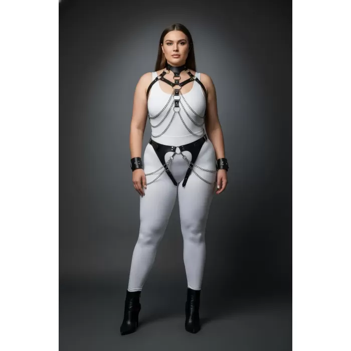 Büyük Beden Siyah Kadın Harness Takım Zincir Detaylı Deri Fantezi Aksesuarı - APFT1067
