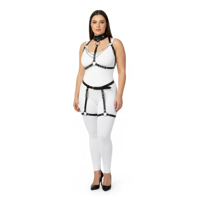 Büyük Beden Siyah Kadın Deri Harness Takım Zincir ve Halka Detaylı Jartiyerli - APFT1081