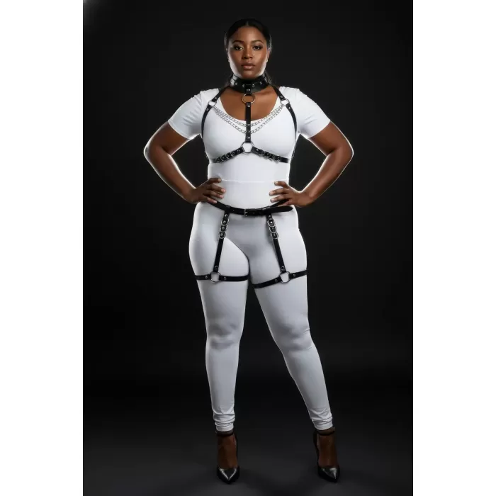 Büyük Beden Siyah Kadın Deri Harness Takım Zincir ve Halka Detaylı Jartiyerli - APFT1081