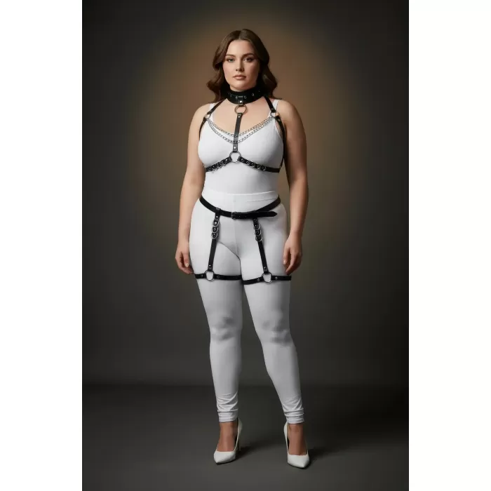 Büyük Beden Siyah Kadın Deri Harness Takım Zincir ve Halka Detaylı Jartiyerli - APFT1081