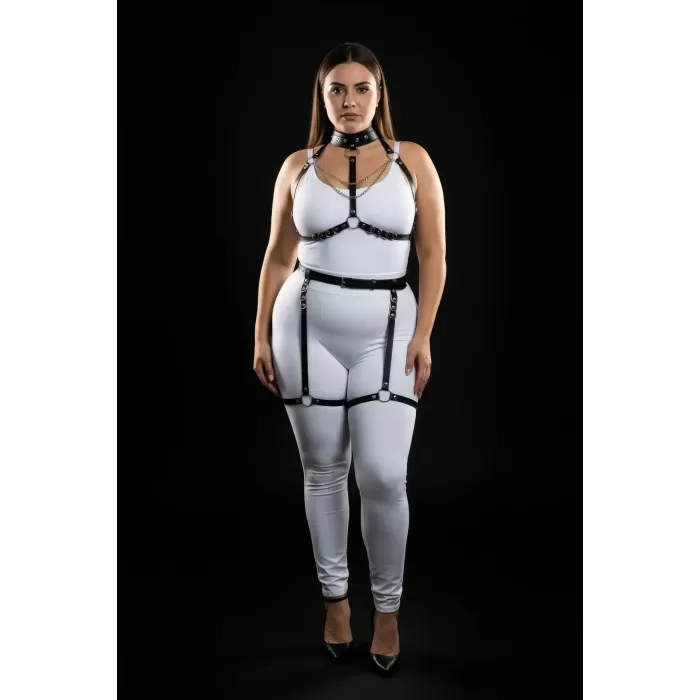 Büyük Beden Siyah Kadın Deri Harness Takım Zincir Detaylı Fantezi Aksesuar - APFT1081