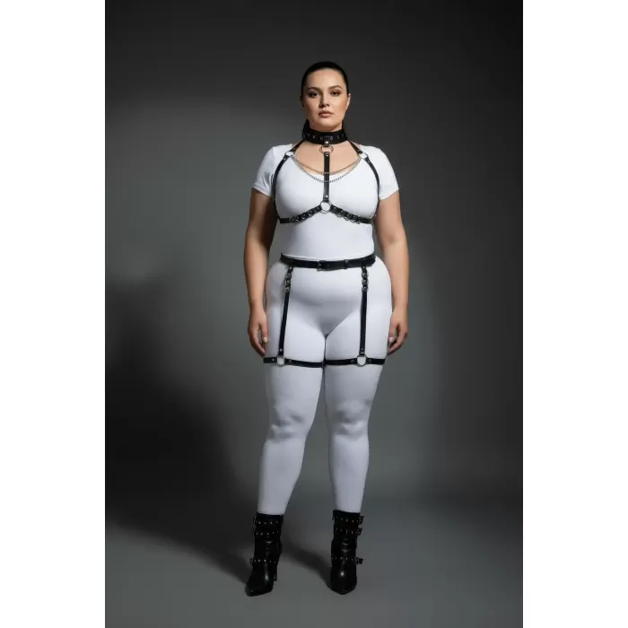 Büyük Beden Siyah Kadın Deri Harness Takım Zincir Detaylı Fantezi Aksesuar - APFT1081