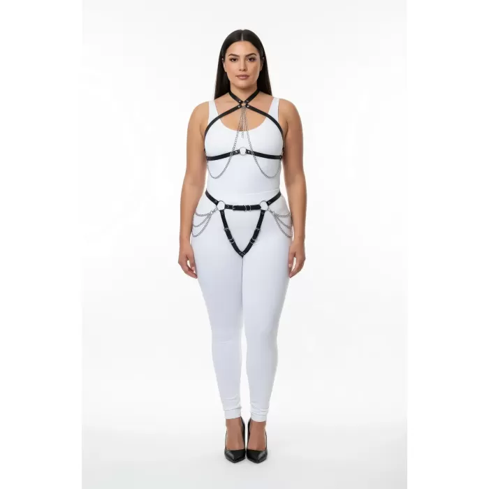 Büyük Beden Siyah Kadın Harness Takım Zincir Detaylı Deri Vücut Aksesuarı - APFT1084