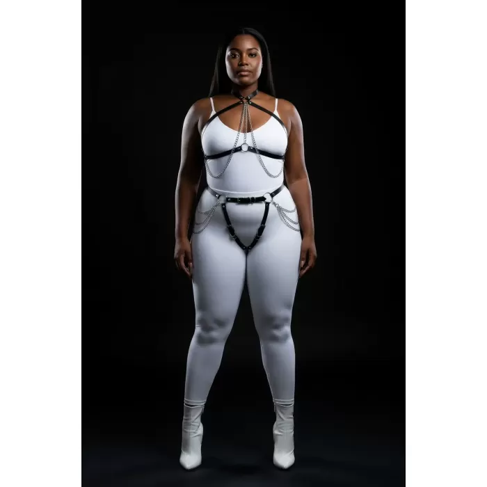 Büyük Beden Siyah Kadın Harness Takım Zincir Detaylı Deri Vücut Aksesuarı - APFT1084