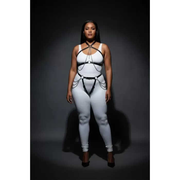 Büyük Beden Siyah Kadın Harness Takım Zincir Detaylı Deri Vücut Aksesuarı - APFT1084