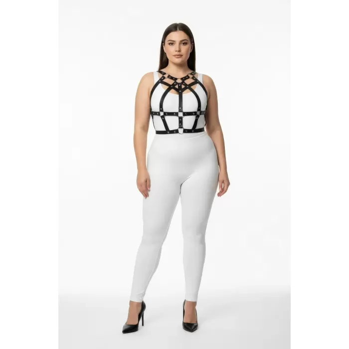 Büyük Beden Siyah Kadın Harness Takım Zımba Detaylı Şık Vücut Aksesuarı - APFT1085