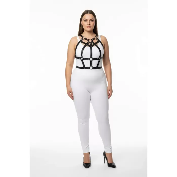 Büyük Beden Siyah Kadın Harness Takım Zımba Detaylı Şık Vücut Aksesuarı - APFT1085