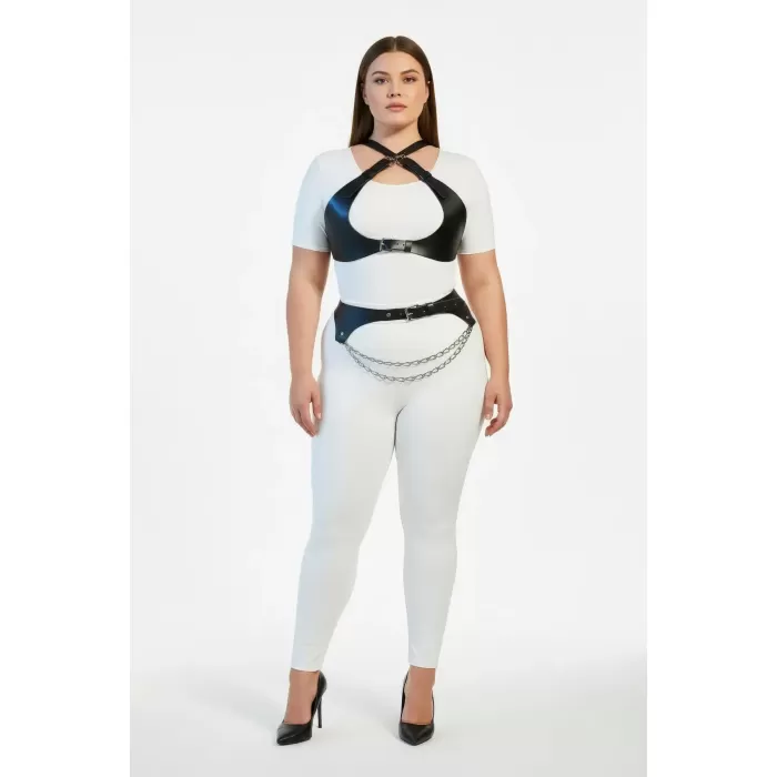 Büyük Beden Siyah Kadın Harness Takım Zincir Detaylı Deri Görünümlü Aksesuar - APFT1164