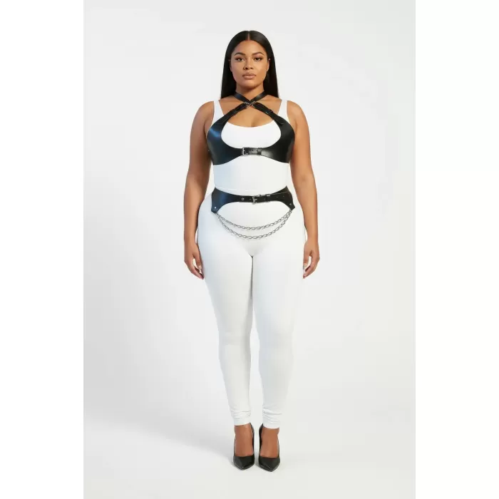 Büyük Beden Siyah Kadın Harness Takım Zincir Detaylı Deri Görünümlü Aksesuar - APFT1164