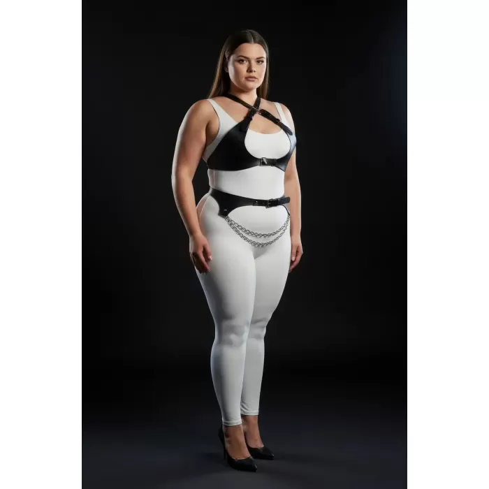 Büyük Beden Siyah Kadın Harness Takım Zincir Detaylı Deri Görünümlü Aksesuar - APFT1164