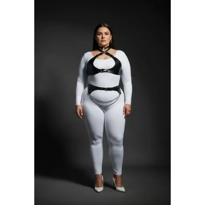 Büyük Beden Siyah Kadın Harness Takım Zincir Detaylı Deri Görünümlü Aksesuar - APFT1164