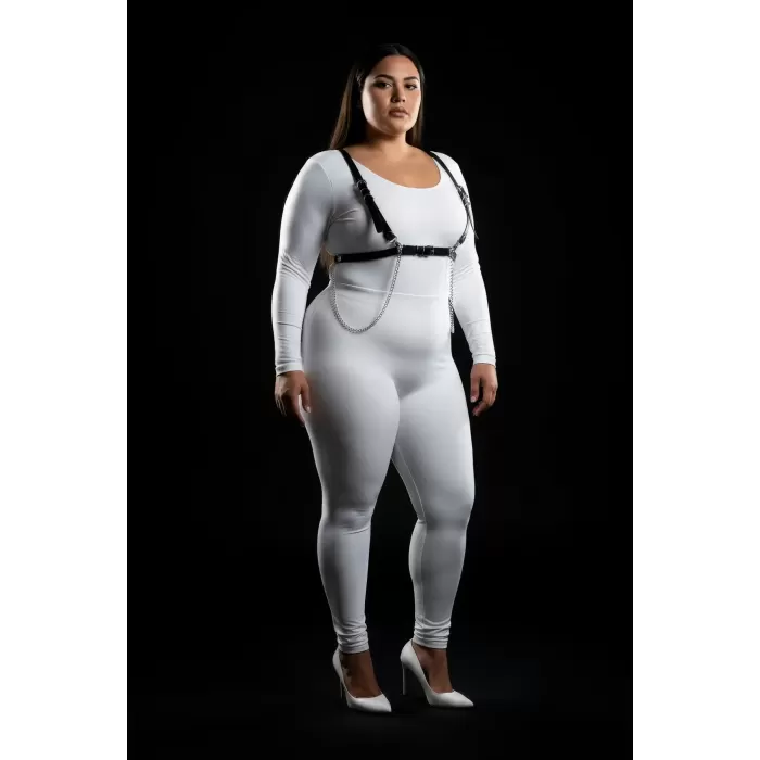 Büyük Beden Siyah Kadın Deri Harness Takım Zincir Detaylı Şık Aksesuar - APFT1176