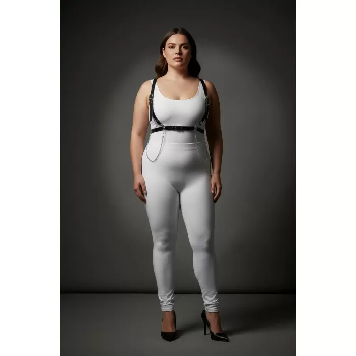 Büyük Beden Siyah Kadın Deri Harness Takım Zincir Detaylı Şık Aksesuar - APFT1176