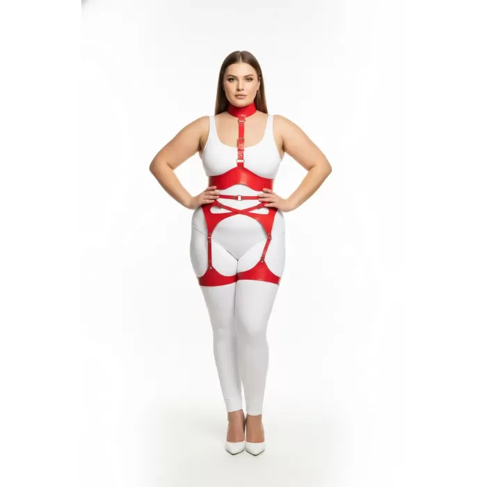 Büyük Beden Kırmızı Kadın Deri Jartiyerli Fantezi Harness Takım - APFT1196