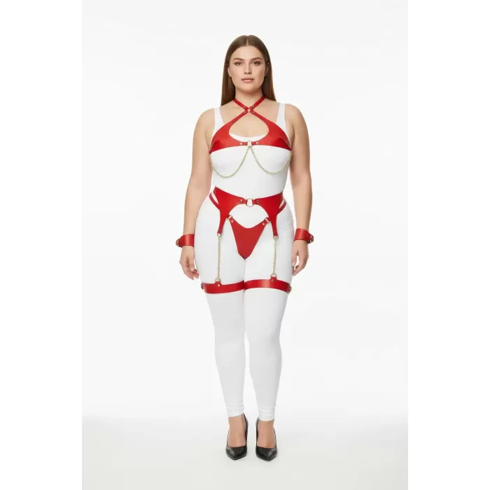 Büyük Beden Kırmızı Kadın Deri Harness Takım Zincir Detaylı Jartiyerli - APFT1219