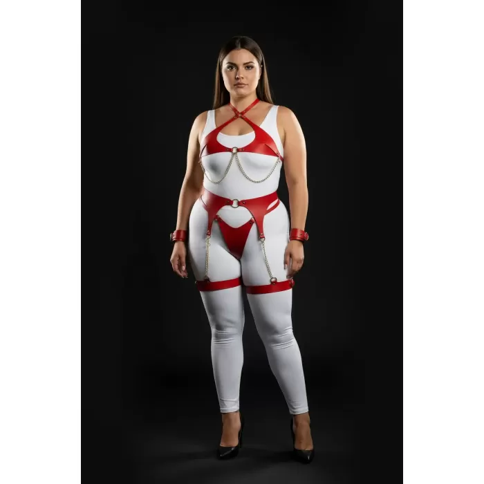 Büyük Beden Kırmızı Kadın Deri Harness Takım Zincir Detaylı Jartiyerli - APFT1219