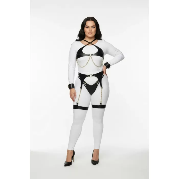 Büyük Beden Siyah Kadın Harness Takım Zincir Detaylı Jartiyerli - APFT1219