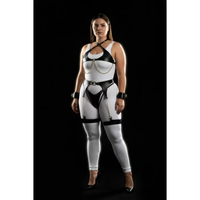 Büyük Beden Siyah Kadın Harness Takım Zincir Detaylı Jartiyerli - APFT1219