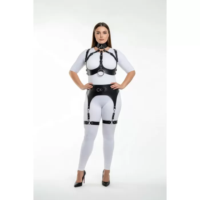Büyük Beden Siyah Kadın Full Body Deri Harness Takım Jartiyer Detaylı Özel Tasarım - APFT1231