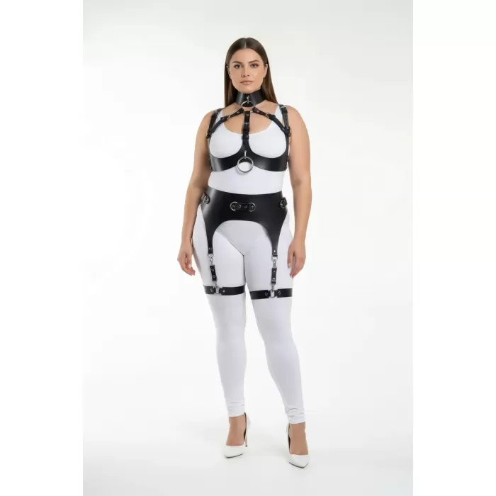 Büyük Beden Siyah Kadın Full Body Deri Harness Takım Jartiyer Detaylı Özel Tasarım - APFT1231