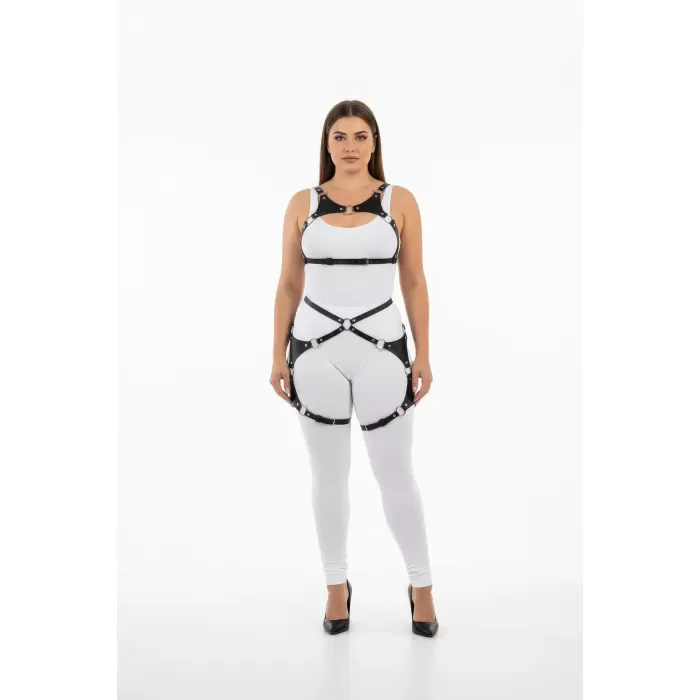 Büyük Beden Siyah Kadın Harness Takım Halka Detaylı Deri Fantezi Giyim - APFT1253