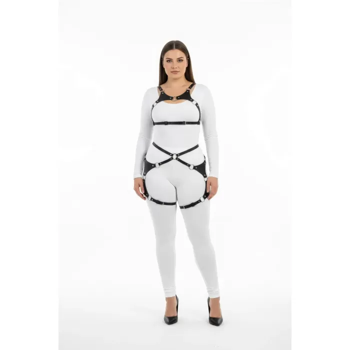 Büyük Beden Siyah Kadın Harness Takım Halka Detaylı Deri Fantezi Giyim - APFT1253