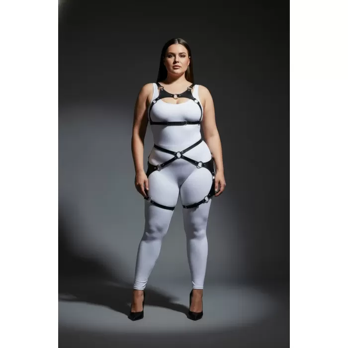Büyük Beden Siyah Kadın Harness Takım Halka Detaylı Deri Fantezi Giyim - APFT1253
