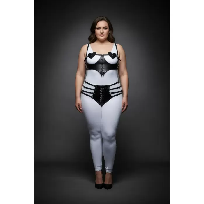 Büyük Beden Siyah Kadın Harness Takım Kalp Detaylı Bağcıklı Fantazi Deri Set - APFT1256