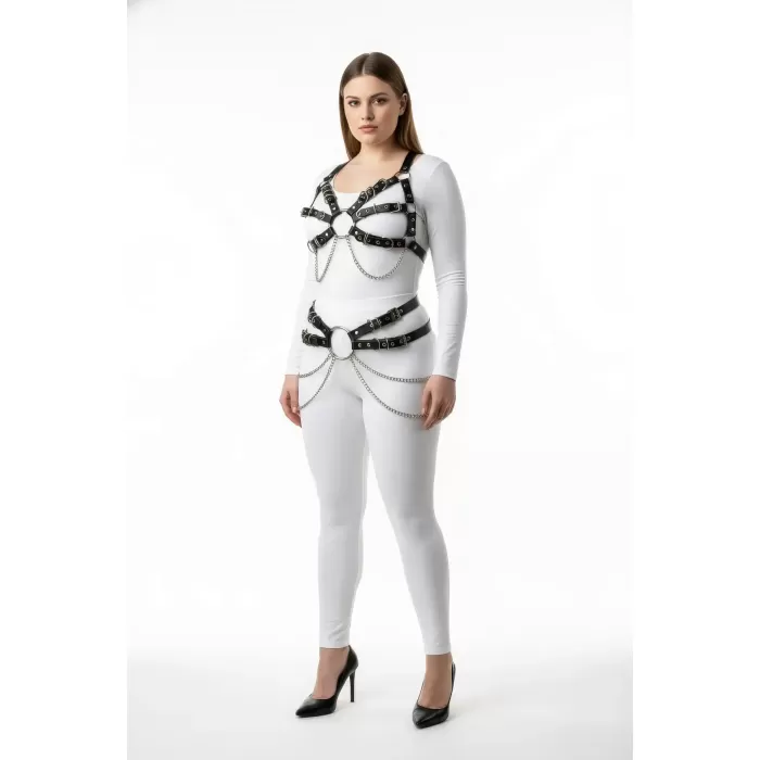 Büyük Beden Siyah Kadın Harness Takım Zincir ve Halka Detaylı Fantezi Aksesuarı - APFT1260