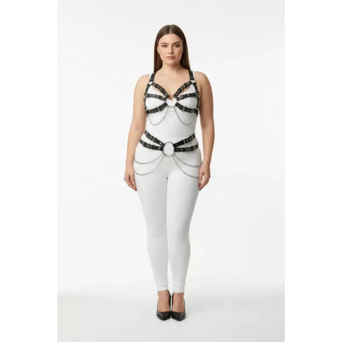 Büyük Beden Siyah Kadın Harness Takım Zincir ve Halka Detaylı Fantezi Aksesuarı - APFT1260