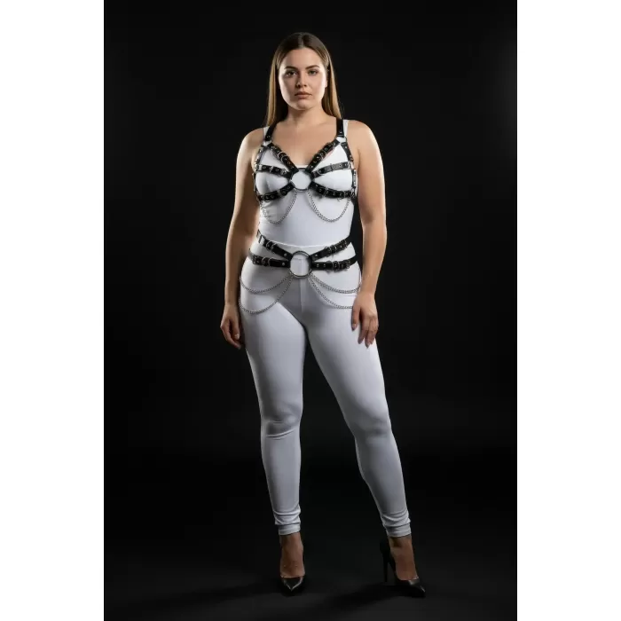 Büyük Beden Siyah Kadın Harness Takım Zincir ve Halka Detaylı Fantezi Aksesuarı - APFT1260