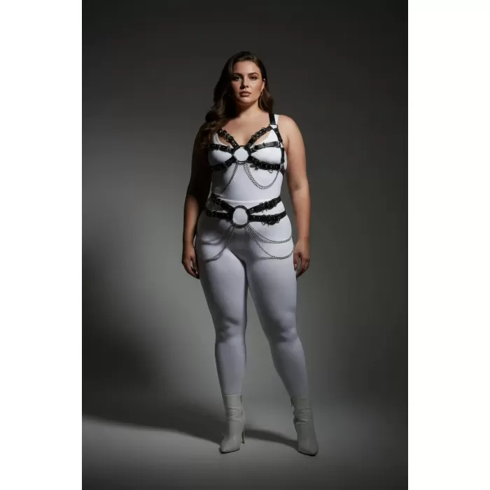 Büyük Beden Siyah Kadın Harness Takım Zincir ve Halka Detaylı Fantezi Aksesuarı - APFT1260