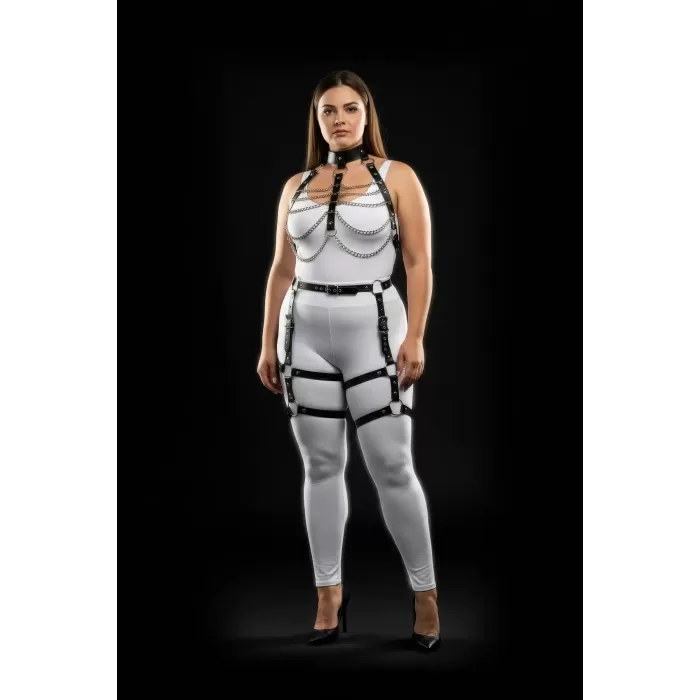 Büyük Beden Siyah Kadın Harness Takım Zincir Detaylı Jartiyerli Deri Set - APFT1262